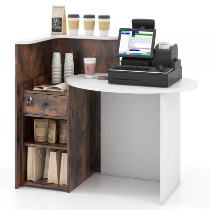 Giantex Reception Desk, Front Counter Desk with Lockable Drawer, Checkout Table with Round Tabletop - White & Brown