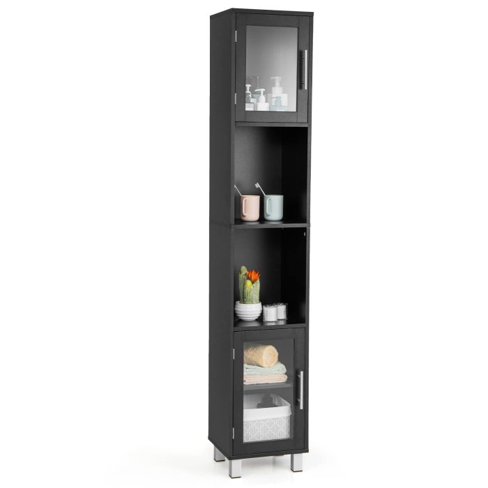 Tall Bathroom Cabinet, Home Bedroom Living Room Wood Linen Storage Cabinet Free Standing - Black - Image 1