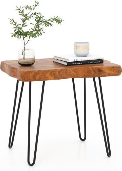 Giantex Teak Wood End Table, Solid Live Edge Outdoor Side Table w/Natural Grain & Heavy-Duty Metal Legs - 1 Rectangular