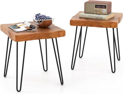 Giantex Teak Wood End Table, Solid Live Edge Outdoor Side Table w/Natural Grain & Heavy-Duty Metal Legs - 2 Square