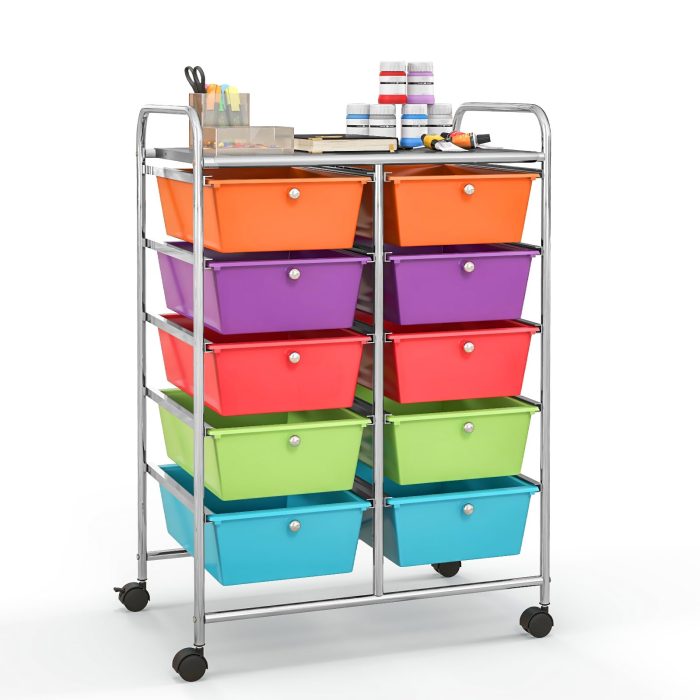 Giantex 10 Drawers Rolling Cart, Classroom Organizers - Rainbow - Image 1