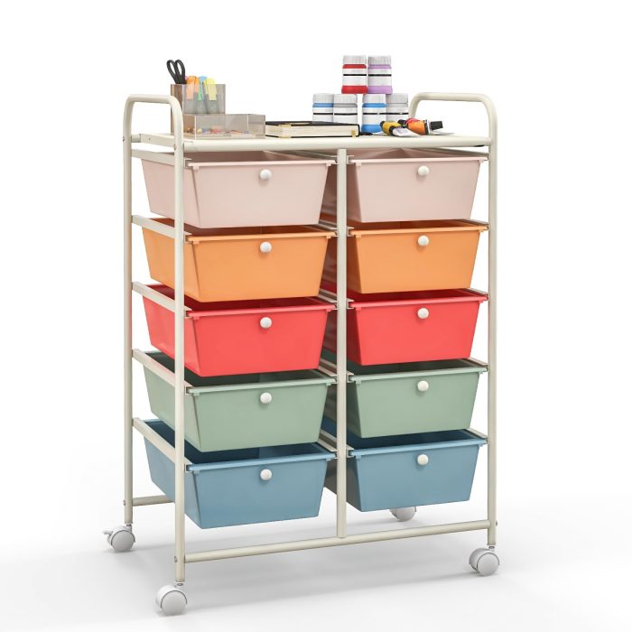 Giantex 10 Drawers Rolling Cart, Classroom Organizers - Macaron Multicolor - Image 1