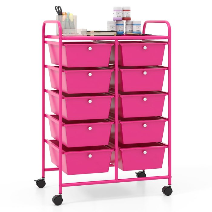 Giantex 10 Drawers Rolling Cart, Classroom Organizers - Hot Pink - Image 1