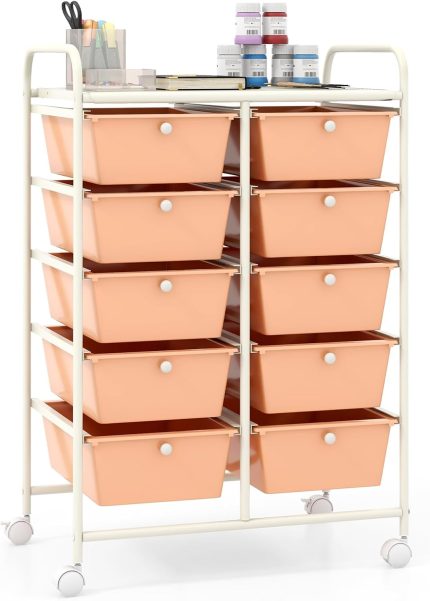Giantex 10 Drawers Rolling Cart, Classroom Organizers - Peach Fuzz