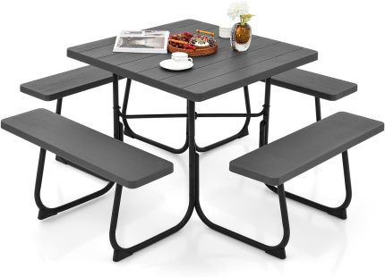 Giantex Picnic Table Set for 4-8 Persons, Outdoor Table and Bench Set with Umbrella Hole, HDPE Top & Metal Frame - Black