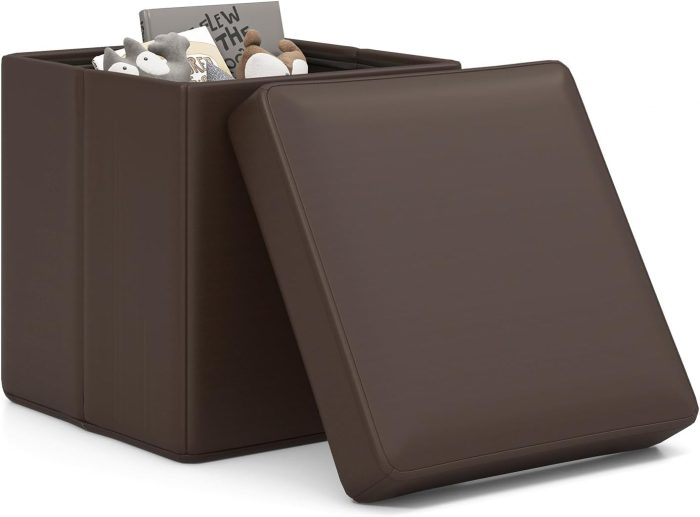 Giantex Cube Storage Ottoman - 15 Inches Folding Ottoman Storage Chest, PVC Leather, Upholstered Footrest - Image 1
