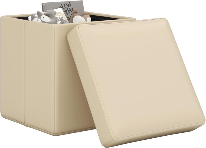Giantex Cube Storage Ottoman - 15 Inches Folding Ottoman Storage Chest, PVC Leather, Upholstered Footrest - Image 1