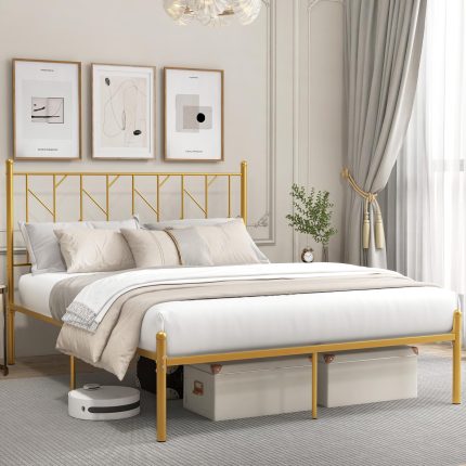 Giantex Metal Bed Frame with Victorian Style Headboard - Queen Gold