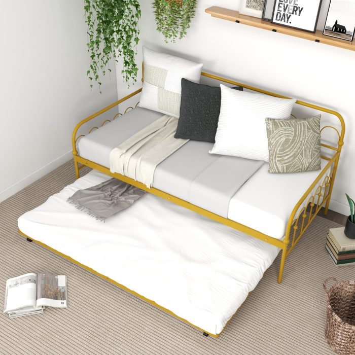 Giantex Twin Daybed with Trundle Gold, Metal Day Bed with Convenient Pull-Out Trundle Bed - Image 1