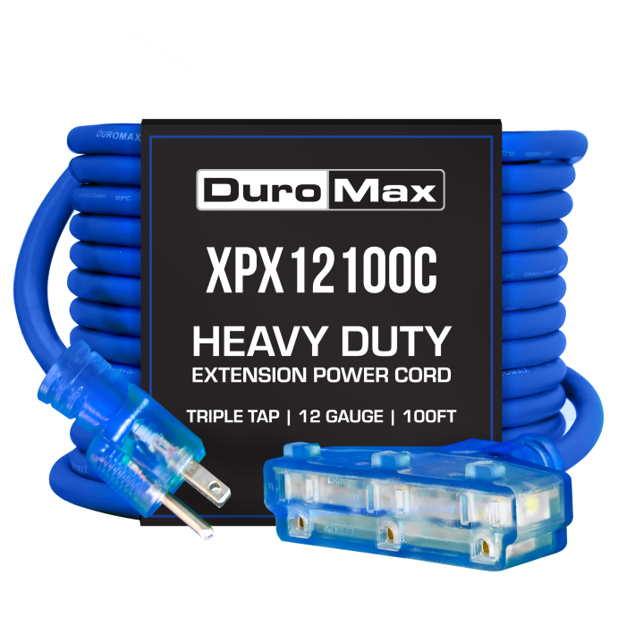 DuroMax XPX12100C Heavy Duty SJEOOW 100-Foot 12 Gauge Blue Triple Tap Extension Power Cord - Image 1