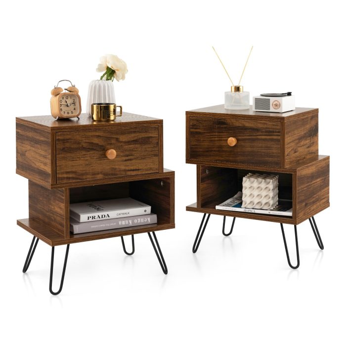Giantex Nightstands Set of 2, S-Shaped Bedside Tables w/Storage Drawer, Open Shelf - Image 1