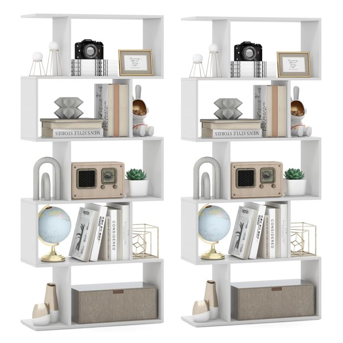 Giantex 5-Tier Geometric Bookshelf, 62.5" Tall Wood S-Shaped Bookcase with Anti-Tipping Device - 2 White - Image 1