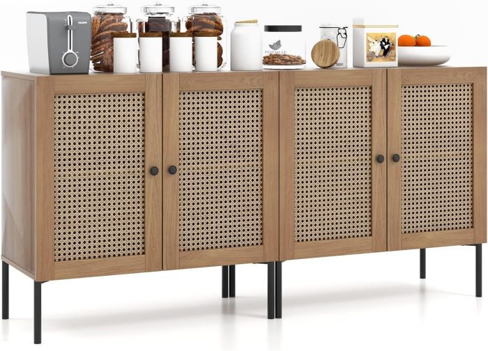 Giantex Buffet Cabinet, Wood Sideboard Storage Cabinet with Rattan Door, 3-Position Adjustable Shelf - 2 Walnut - Image 1
