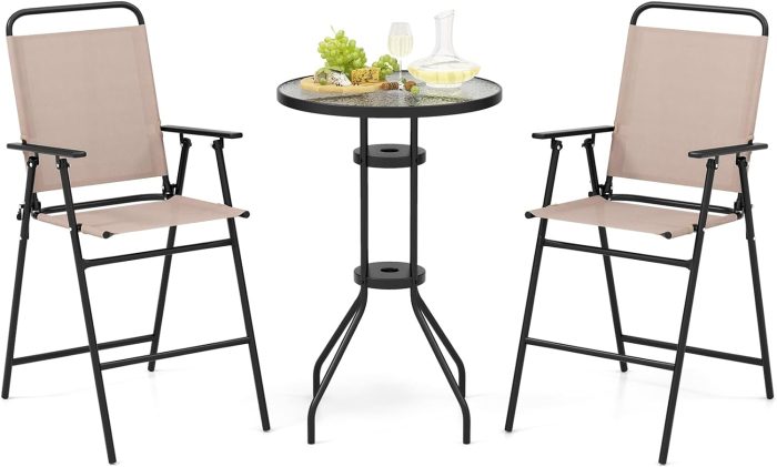 Giantex 3 PCS Outdoor Bistro Set, Patio Bar Table with 2 Folding Chairs - Image 1