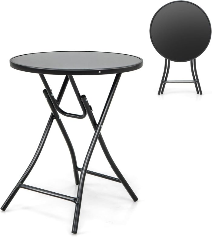 Giantex 23 Inch Round Bistro Table, Patio Folding Cocktail Table with Tempered Glass Tabletop - Image 1