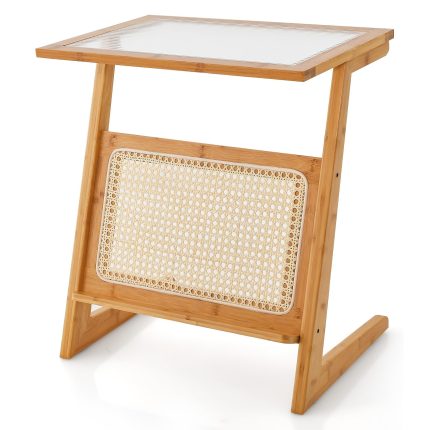 Giantex Rattan Side Table, Boho End Table with Glass Top & Magazine Rack, Z-Shaped Nightstand with Storage - 1