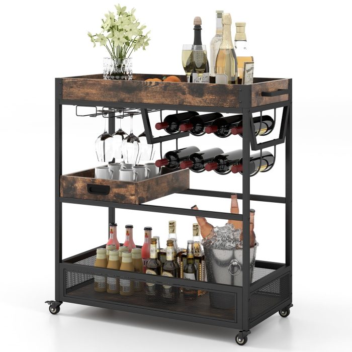 Giantex Rolling Bar Cart, 3-Tier Industrial Buffet Serving Cart with Wine Rack, Stemware Rack & Removable Tray - Image 1
