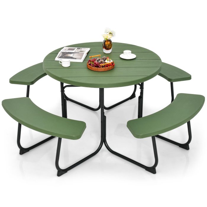 Giantex Picnic Table Set for Up to 8 Persons, Round Outdoor Table and Bench Set with Umbrella Hole - Green - Image 1