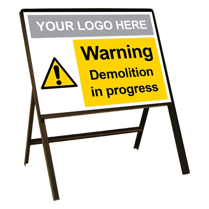 Stanchion Single Sided with "Custom Logo" 'Warning Demolition in Progress' Safety Sign - 10 - Image 1
