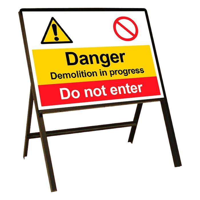 Stanchion Single Sided with 'Danger Demolition in Progress - Do Not Enter' Safety Sign - Image 1