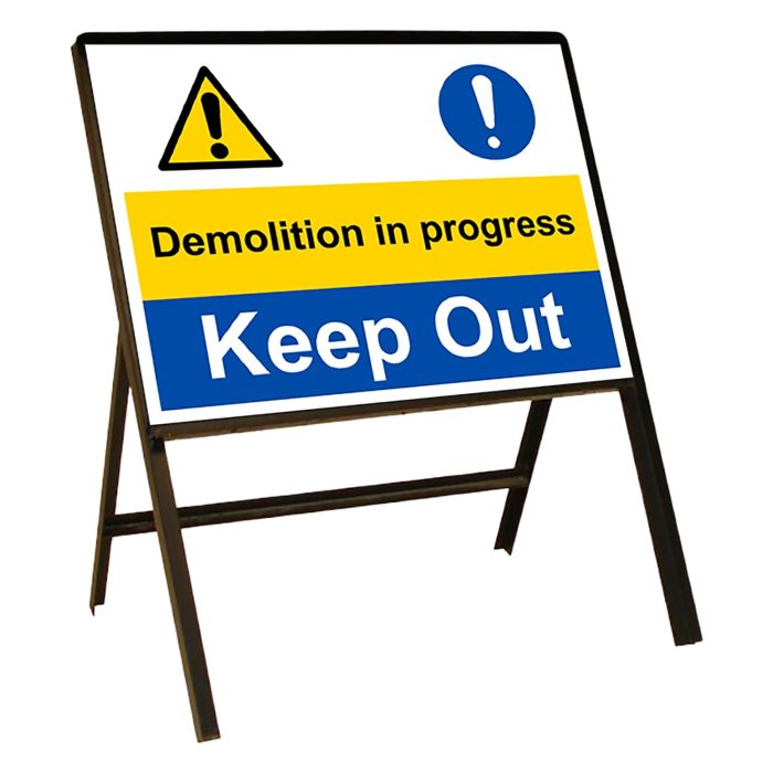 Stanchion Single Sided with 'Demolition in Progress Keep Out' Safety Sign - 10 - Image 1