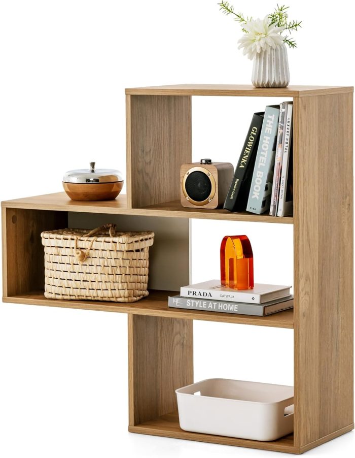 Giantex 3-Tier Bookshelf, Wooden Concave Bookcase for Small Space, Modern Freestanding Display Storage Shelves - Convex - Image 1