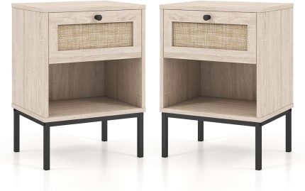 Giantex Rattan Nightstand with Drawer, Boho Side Table with 4 Metal Legs and Open Storage Shelf - 2