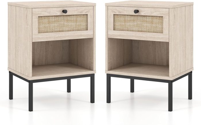 Giantex Rattan Nightstand with Drawer, Boho Side Table with 4 Metal Legs and Open Storage Shelf - 2 - Image 1