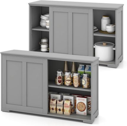 Giantex Buffet Cabinet with Storage, Coffee Bar Wine Cabinet, Farmhouse Sideboard w/Sliding Door - Grey 2