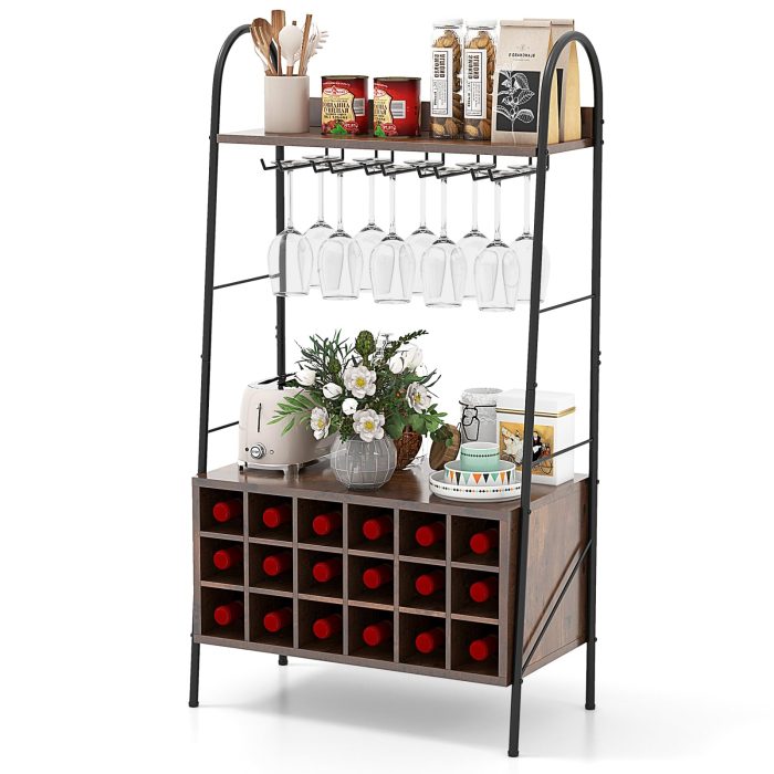 Giantex 18-Bottle Wine Rack Freestanding Floor, Kitchen Baker’s Rack w/ 15 Glasses Holder, Rustic Brown - Image 1