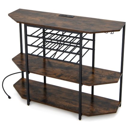 Giantex Wine Bar Cabinet with Power Outlet, Mini Coffee Bar Stand Table with 21 Bottle Wine Rack & Glass Holders - Rustic Brown & Black