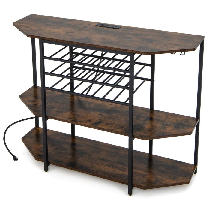 Giantex Wine Bar Cabinet with Power Outlet, Mini Coffee Bar Stand Table with 21 Bottle Wine Rack & Glass Holders - Rustic Brown & Black - Image 1