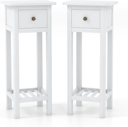Giantex Narrow End Table with Drawer, Tall Acacia Wood Side Table with Bottom Shelf, Modern Bedside Tables - 2 White