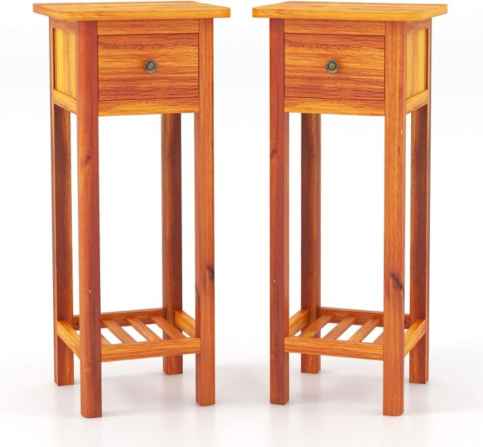 Giantex Narrow End Table with Drawer, Tall Acacia Wood Side Table with Bottom Shelf, Modern Bedside Tables - 2 Natural - Image 1