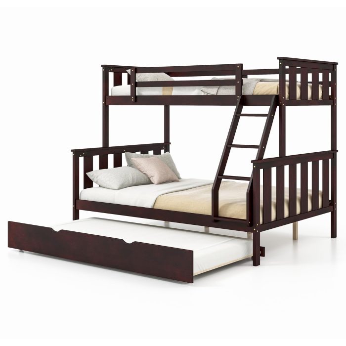 Giantex Twin Over Full Bunk Bed with Trundle, Reversible Ladder & Safety Guardrails - Espresso Twin Over Full with Trundle(Reversible Ladder) - Image 1