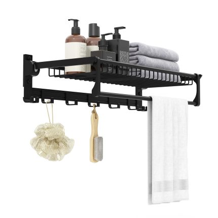 Giantex Foldable Towel Rack for Bathroom, Wall Mounted Towel Holder Organizer w/ 1 Basket, 1 Towel Bar & 5 Sliding Hooks