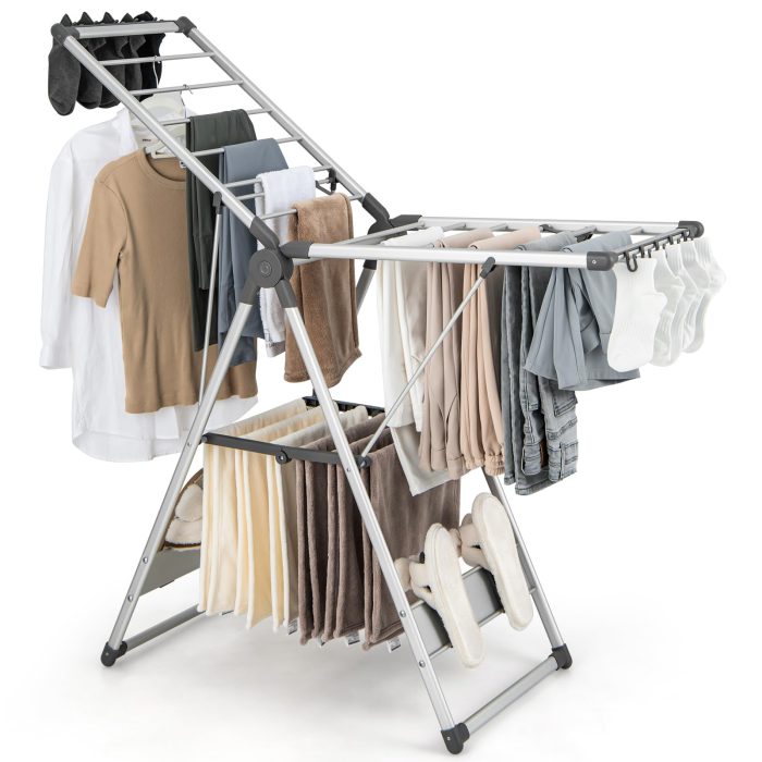 Giantex Clothes Drying Rack, 2-Layer Aluminum Foldable Laundry Drying Rack with 5-Level Adjustable Height - Image 1