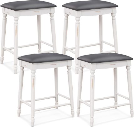 Giantex Bar Stools, 29"/24" Bar Height Saddle Stools w/Padded Seat, Rubber Wood Legs, Footrests & Antiqued Surface - 2 24" Counter Height