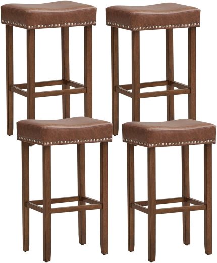 Giantex Bar Stools, Saddle-Shaped Kitchen Stools, PU Leather Bar Height Saddle Stools w/Footrests - Set of 4 - 29.5 Inches Brown