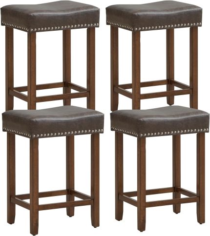 Giantex Bar Stools, Saddle-Shaped Kitchen Stools, PU Leather Bar Height Saddle Stools w/Footrests - Set of 4 - 24 Inches Grey