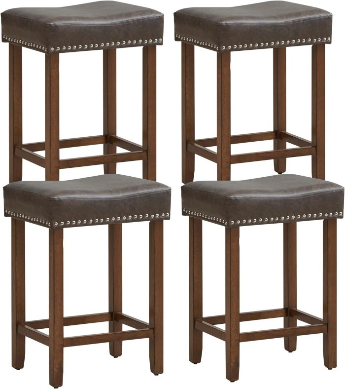 Giantex Bar Stools, Saddle-Shaped Kitchen Stools, PU Leather Bar Height Saddle Stools w/Footrests - Set of 4 - 24 Inches Grey - Image 1