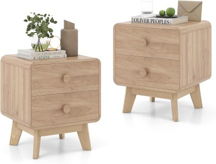 Giantex Night Stand with 2 Drawers, Mid Century Modern Bedside Table with Cute Round Knobs - 2 Natural