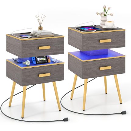 Giantex Nightstand with Charging Station & LED Lights, 28.5" Bedside Table with 2 Drawers - 2