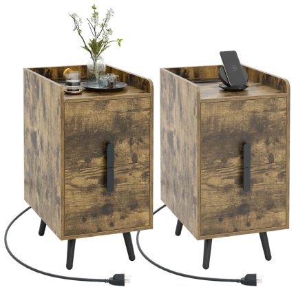 Giantex Nightstand with Charging Station, Narrow End Table with 2 Drawers & Metal Gold Legs - Rustic Brown 2