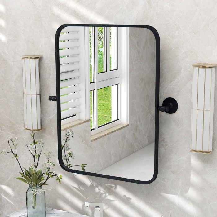 CHARMAID Pivot Mirror for Bathroom - 30'' x 22'' Tilt Beveled Vanity Mirror Black Metal Framed - Image 1