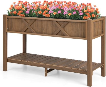 Giantex HIPS Raised Garden Bed, Elevated Planter Box w/Legs, Storage Shelf, Drain Holes - 47" x 18" x 29" Coffee