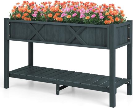 Giantex HIPS Raised Garden Bed, Elevated Planter Box w/Legs, Storage Shelf, Drain Holes - 47" x 18" x 29" Black