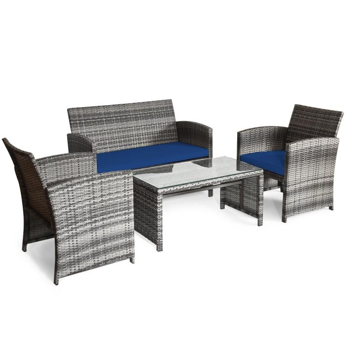 Giantex 4 Pc Rattan Patio Furniture Garden Lawn Sofa Cushioned Seat Mix Gray Wicker Conversation Sets - Mix Grey&blue - Image 1