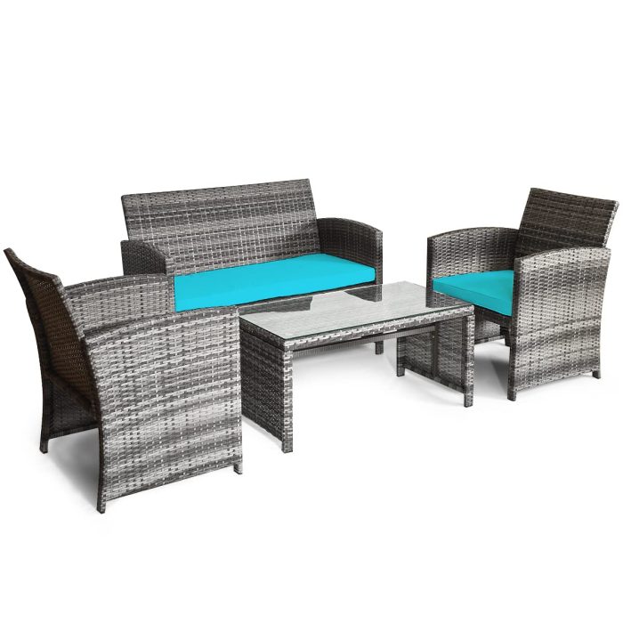 Giantex 4 Pc Rattan Patio Furniture Garden Lawn Sofa Cushioned Seat Mix Gray Wicker Conversation Sets - Mix Grey&turquoise - Image 1