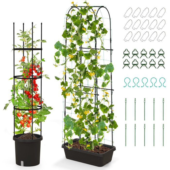 Giantex Set of 2 Raised Garden Bed w/Trellis & Plant Cage, Planter Box w/ 71” Cucumber Trellis - Image 1
